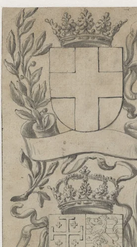 Twee gekroonde wapenschilden by Pieter Jansz, drawing, 1630-1672