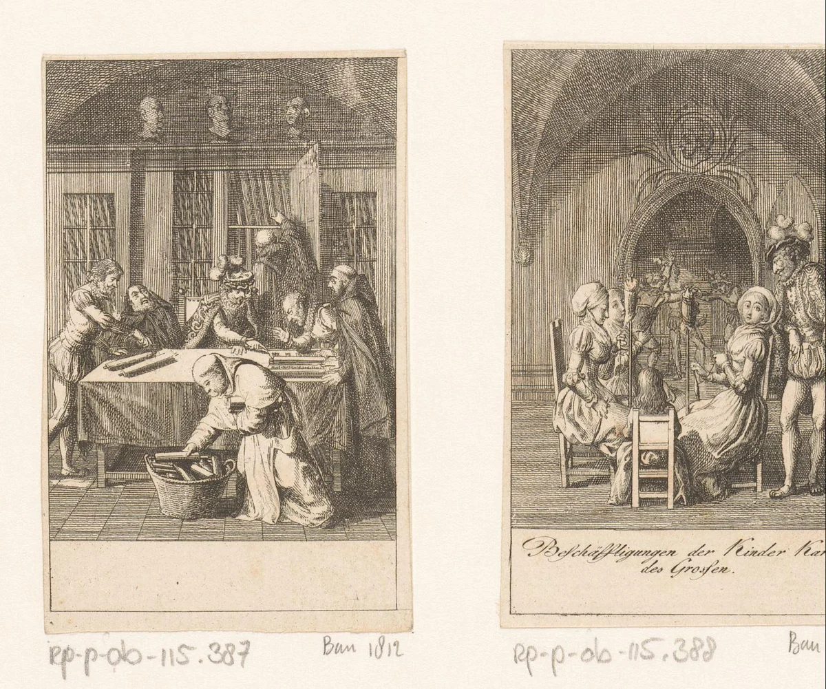 Karel de Grote in zijn bibliotheek by Daniel Nikolaus Chodowiecki, print, 1795