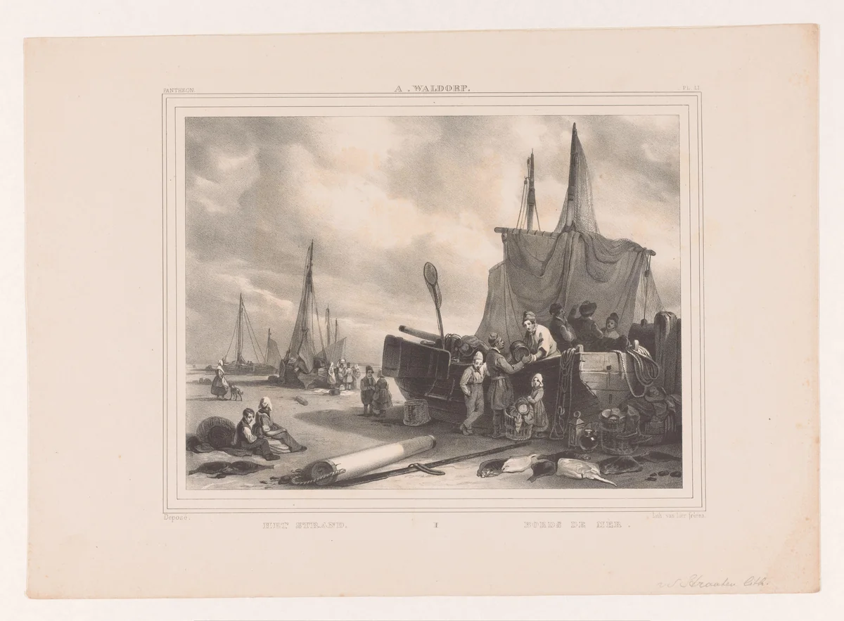 Lossen van boten op het strand by Marinus Adrianus van Straten, print, 1837-1843