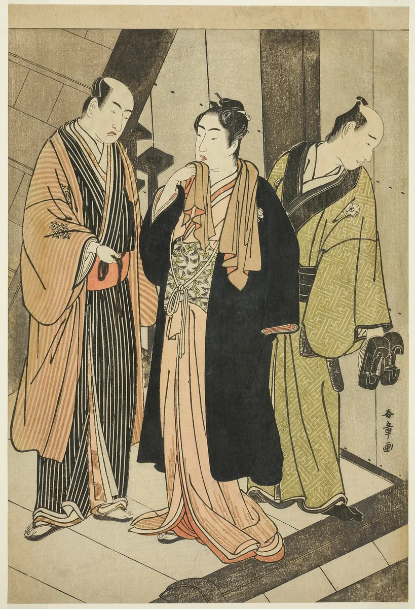 Actors Ichikawa Monnosuke II, Iwai Hanshirô IV, and (possibly) Iwai Karumo on a Landing Backstage by Katsukawa Shunshô (勝川春章), print, 1775-1788