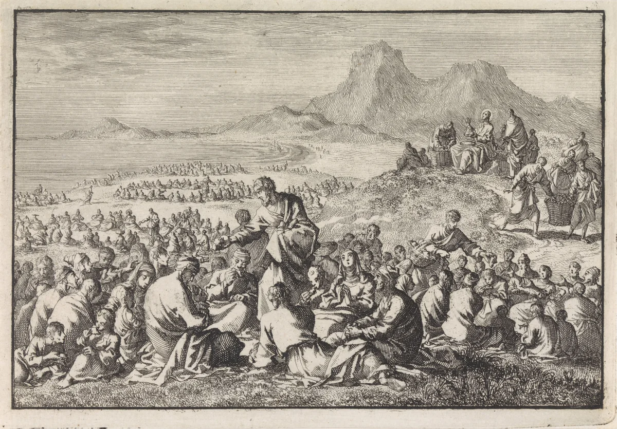 Wonderbaarlijke vermenigvuldiging van de zeven broden en de twee vissen by Jan Luyken, print, 1703
