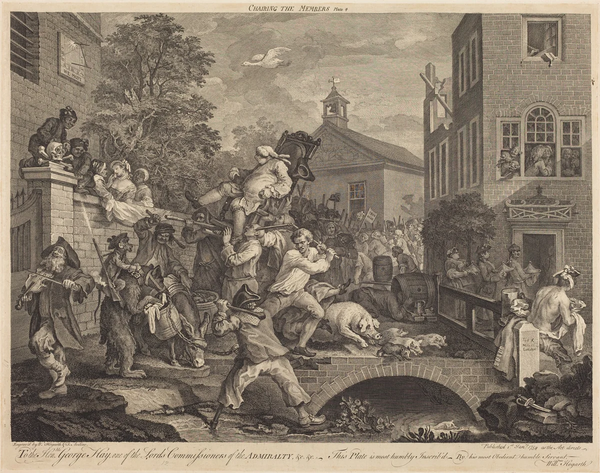 Chairing the Members by Francois-Antoine Aveline; William Hogarth, print, 1758