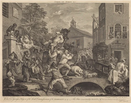 Chairing the Members by Francois-Antoine Aveline; William Hogarth, print, 1758