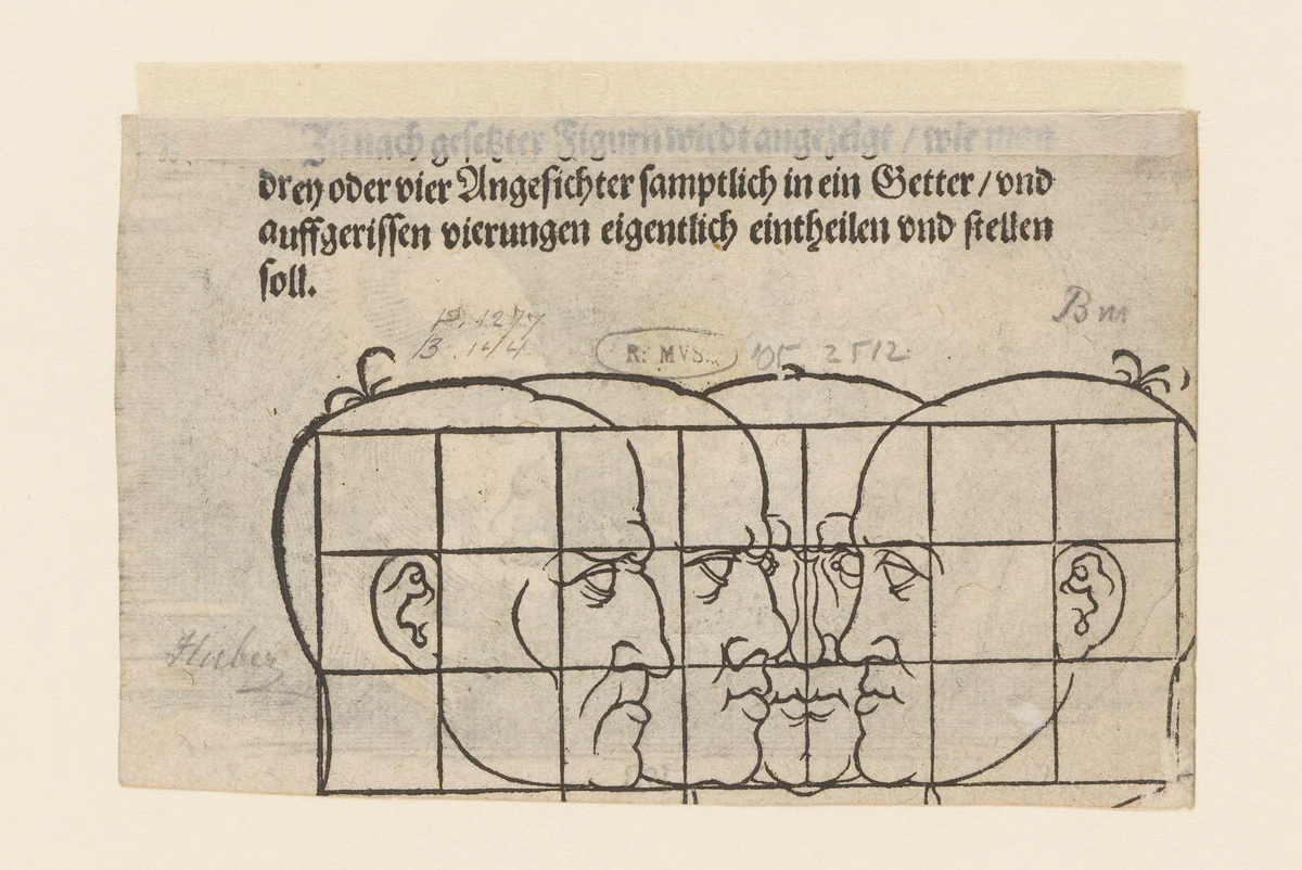 Modellen voor vier gezichten met raster by anonymous, print, 1546