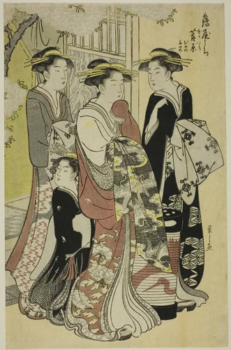 Sugawara of the Tsuruya with Attendants Mumeno and Takeno by Chobunsai Eishi, print, 1782-1792
