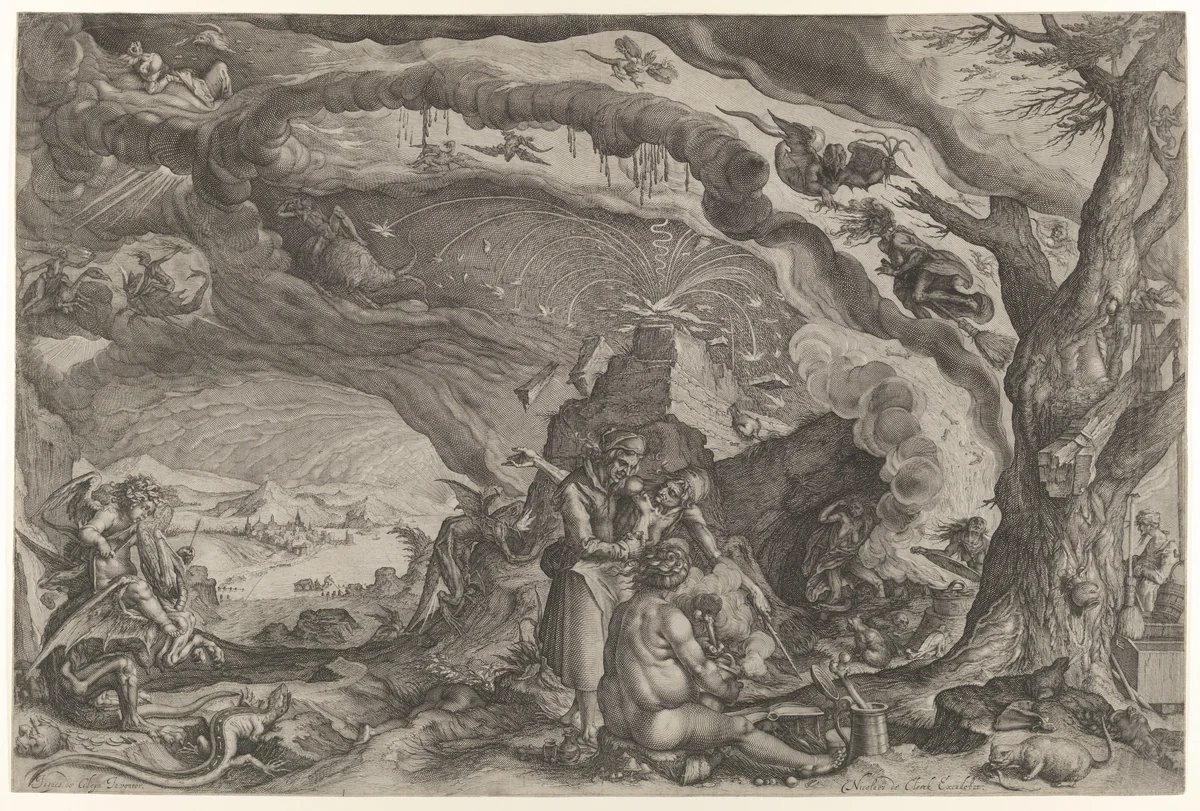 Witches Preparing for Sabbath by Andries Stock, print, 1605-1615