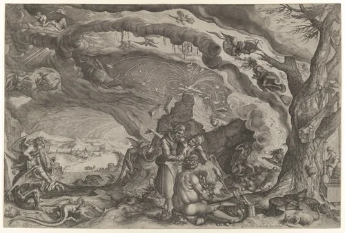 Witches Preparing for Sabbath by Andries Stock, print, 1605-1615