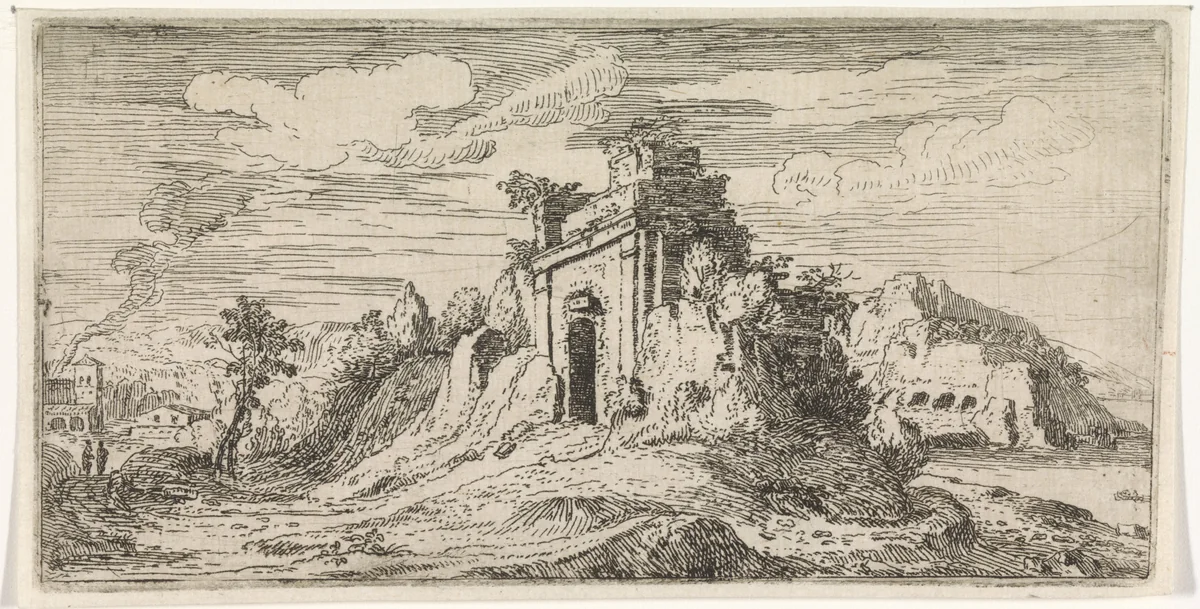 Landschap met de ruïnes van een poort by Abraham Genoels, print, 1650-1723