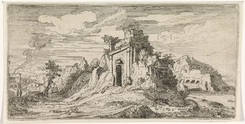 Landschap met de ruïnes van een poort by Abraham Genoels, print, 1650-1723