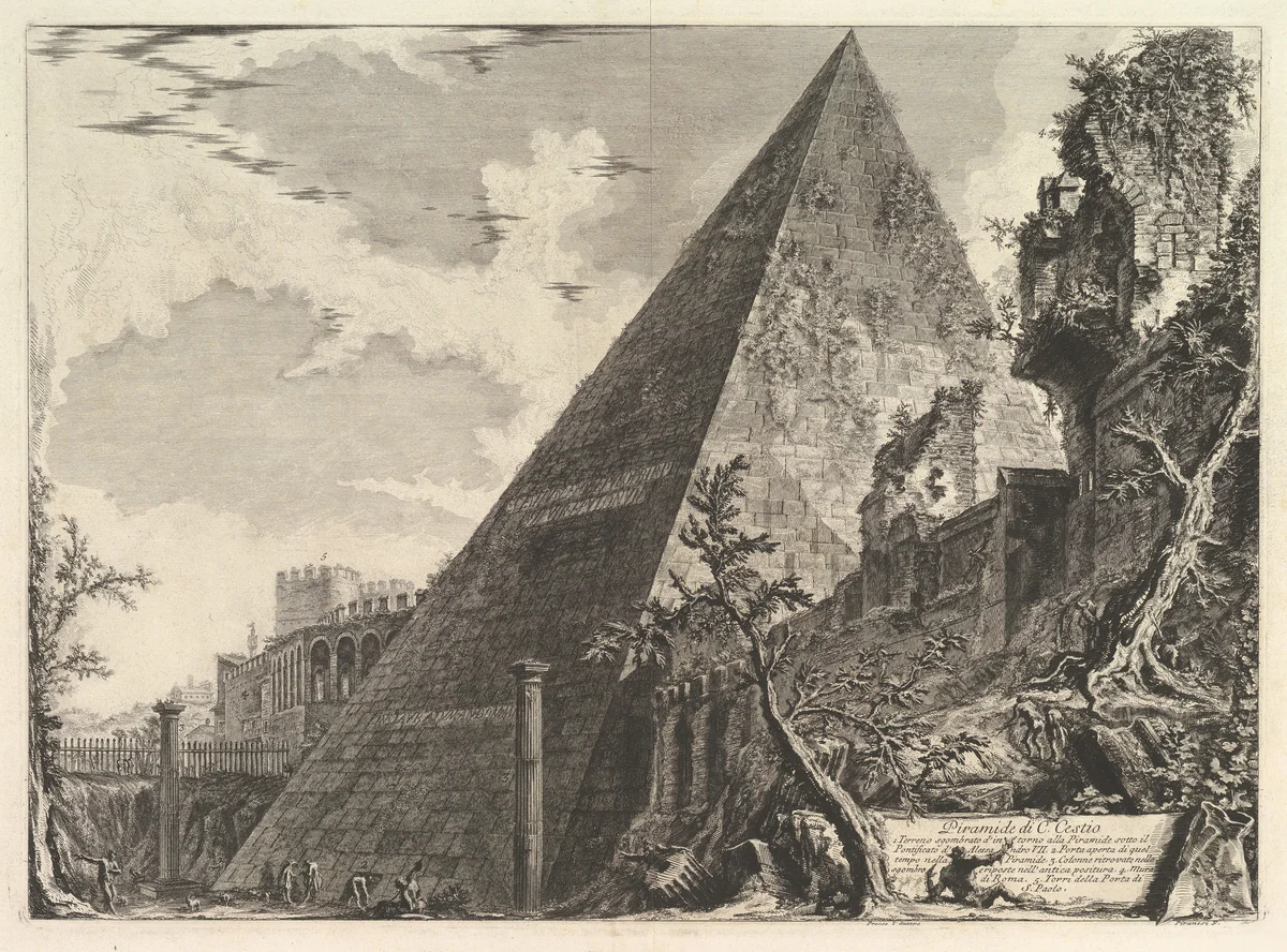 The Pyramid of Gaius Cestius, from Vedute di Roma (Roman Views) by Giovanni Battista Piranesi, print, 1751-1761
