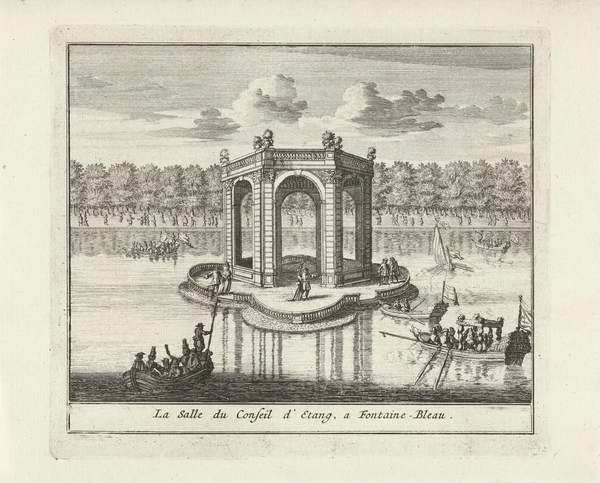 Gezicht op de Salle de Conseil in de vijver van het paleis van Fontainebleau by Jan Lamsvelt, print, 1726-1743
