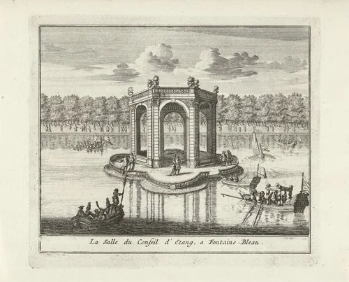 Gezicht op de Salle de Conseil in de vijver van het paleis van Fontainebleau by Jan Lamsvelt, print, 1726-1743