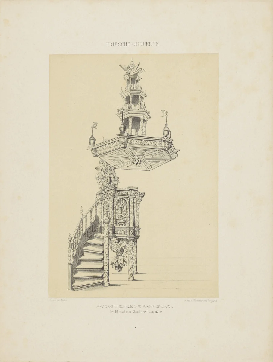 Spreekgestoelte in de Grote Kerk te Bolsward by anonymous, print, 1871