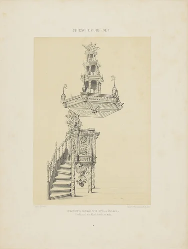 Spreekgestoelte in de Grote Kerk te Bolsward by anonymous, print, 1871
