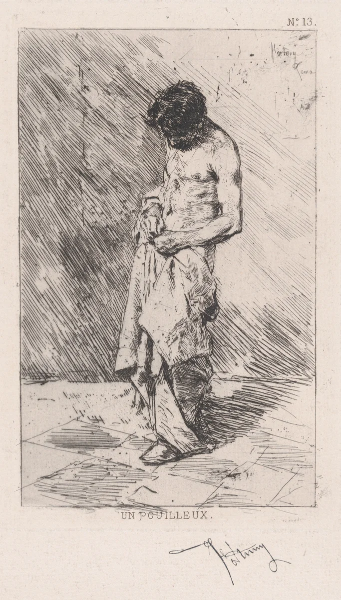 Young man standing dressed in rags by Mariano Fortuny, print, 1860-1870