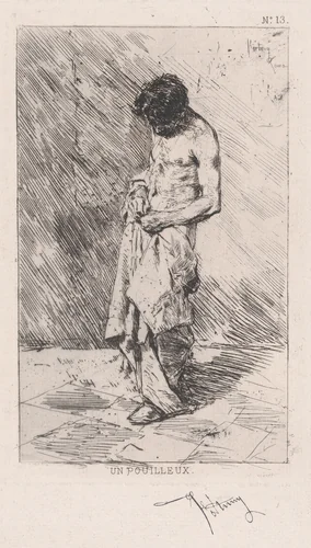 Young man standing dressed in rags by Mariano Fortuny, print, 1860-1870