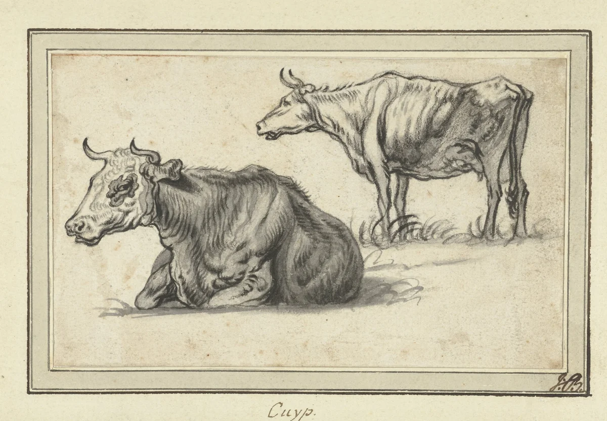 Liggende en een staande koe by Aelbert Cuyp, drawing, 1630-1691