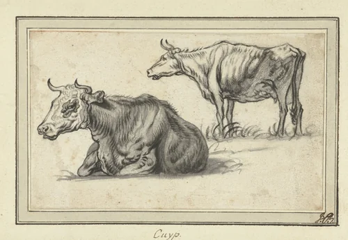 Liggende en een staande koe by Aelbert Cuyp, drawing, 1630-1691