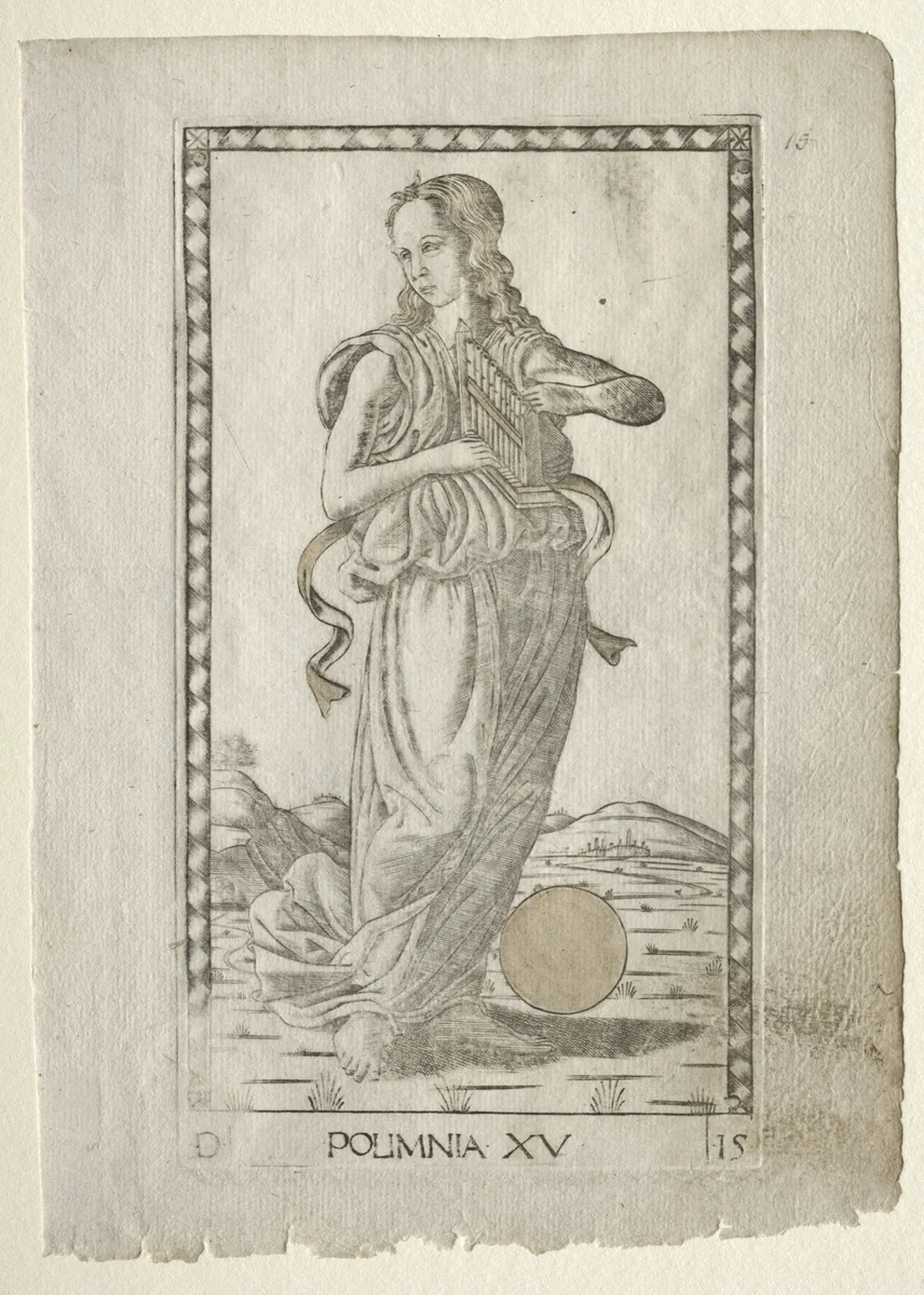 Polyhymnia (heroic hymns) (from the Tarocchi series D: Apollo and the Muses, #15) by Master of the E-Series Tarocchi, print, 1457-1467
