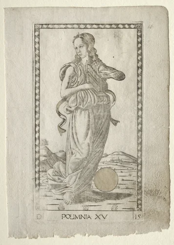 Polyhymnia (heroic hymns) (from the Tarocchi series D: Apollo and the Muses, #15) by Master of the E-Series Tarocchi, print, 1457-1467