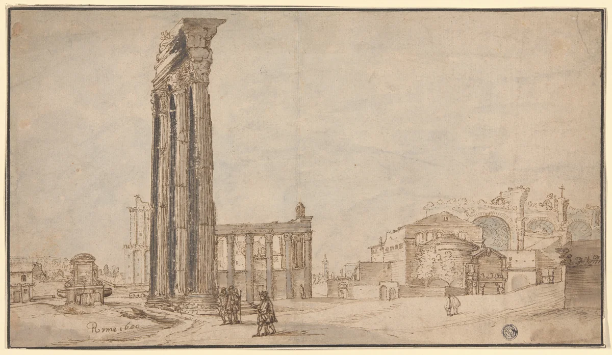 View from within the Roman Forum by Willem van Nieulandt II, drawing, 1600