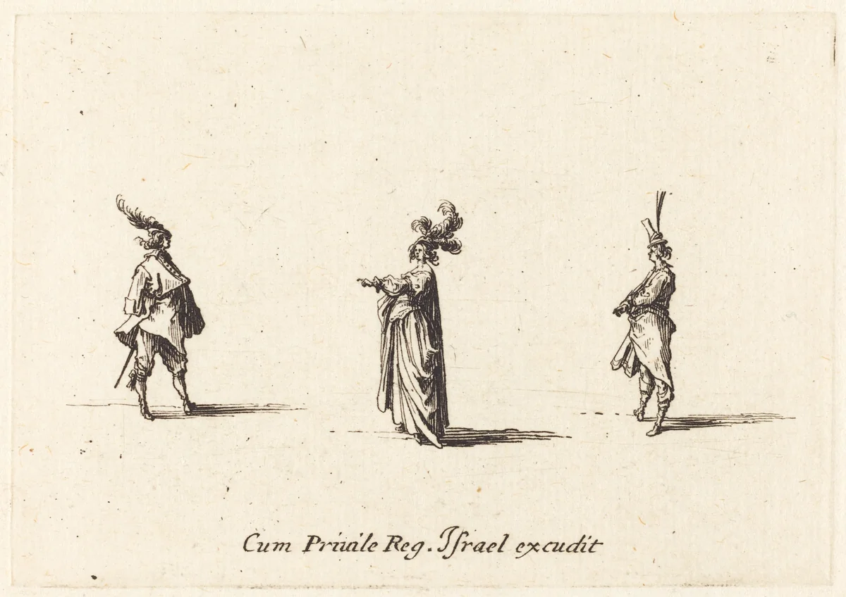 Lady with Plumed Hat, and Two Gentlemen by Jacques Callot, print, 1628-1638