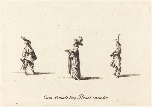 Lady with Plumed Hat, and Two Gentlemen by Jacques Callot, print, 1628-1638