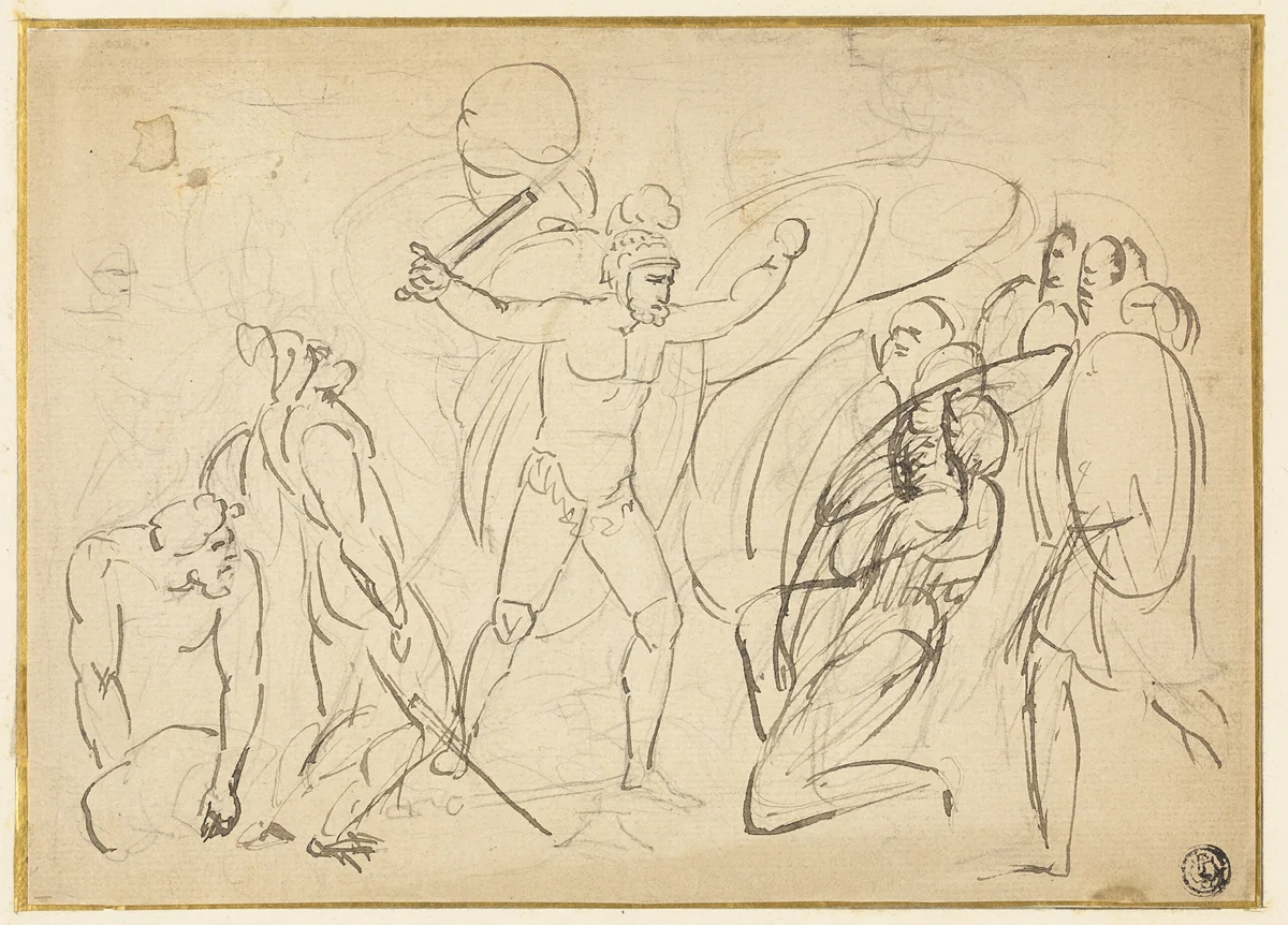 Classical Combat (recto); Sketch of Male Nude (verso) by William Blake or Thomas Stothard, drawing, 1775-1834