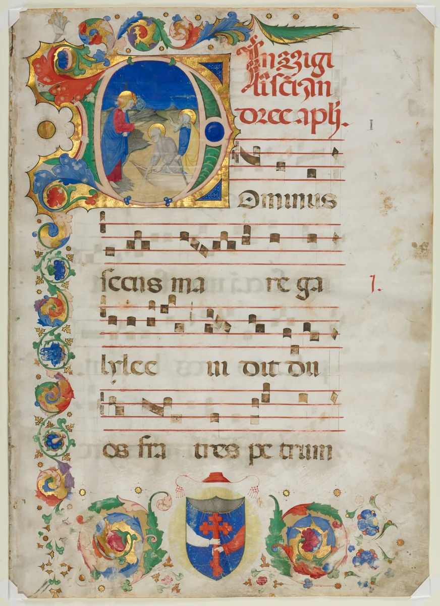Bifolium Excised from an Antiphonary: Initial D[ominus Iesus] with the Calling of Peter and Andrew by Unknown, manuscript, 1425-1450
