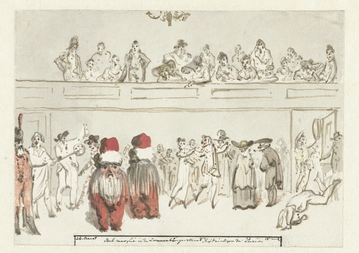 Bal masqué in de Zwanenburgerstraat (dagboek, 26 maart) by Christiaan Andriessen, drawing, 1805-1808