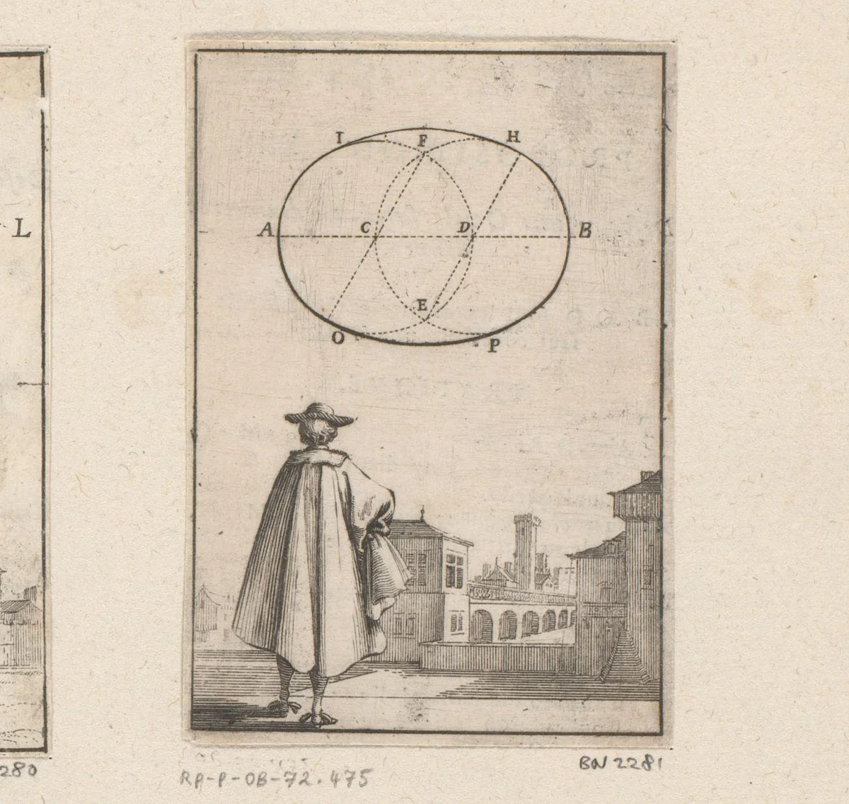 Beschrijving van een ovaal met onderaan een man op de rug gezien by Sébastien Leclerc, print, 1669