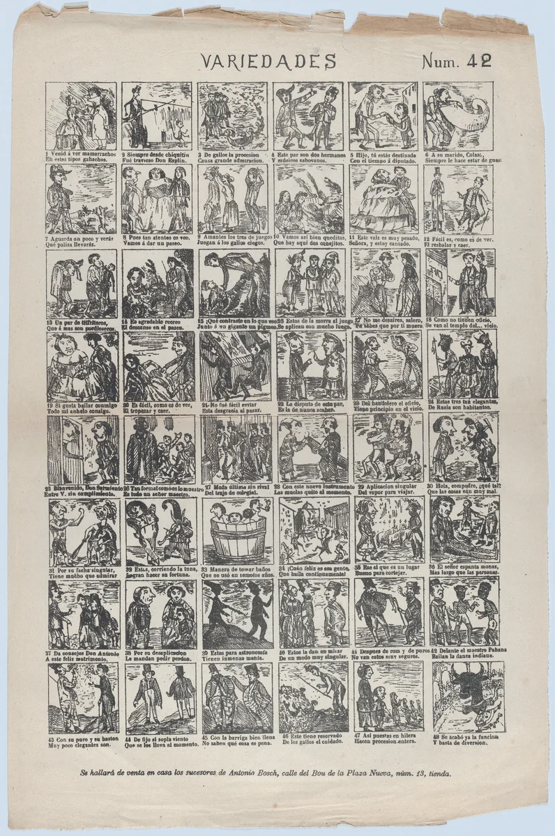 Broadside with 48 scenes of different subjects by Antonio Bosch, print, 1860-1870