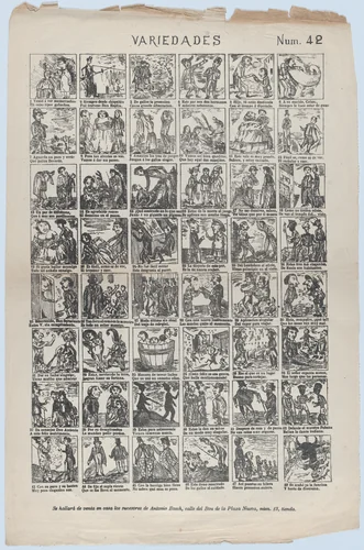 Broadside with 48 scenes of different subjects by Antonio Bosch, print, 1860-1870
