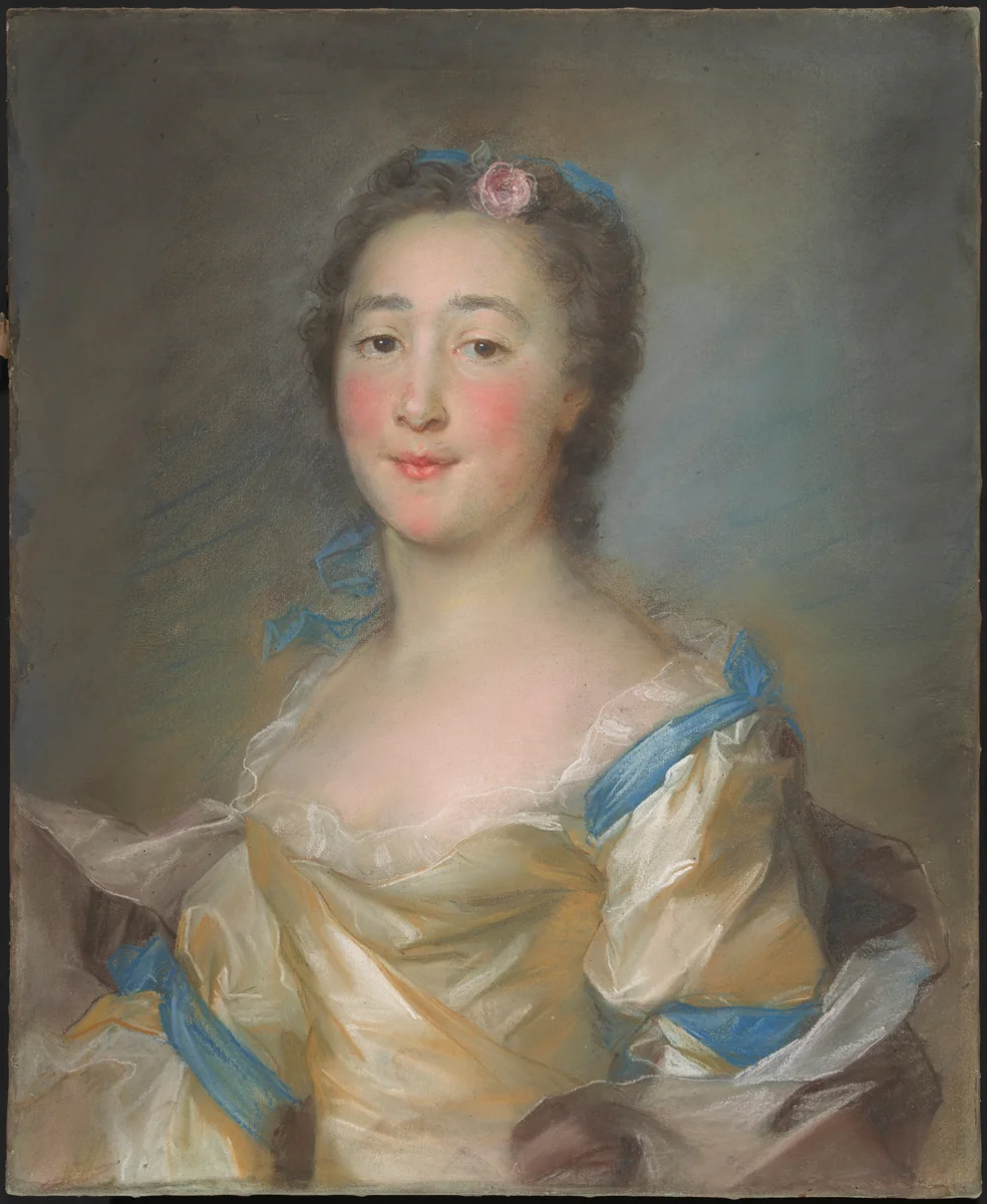 A Young Lady in a Yellow Gown with Blue Ribbons by Jean-Baptiste Perronneau, drawing, 1767