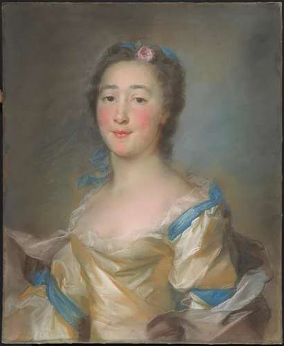 A Young Lady in a Yellow Gown with Blue Ribbons by Jean-Baptiste Perronneau, drawing, 1767