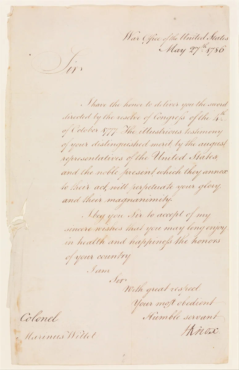 Letter from Henry Knox (1750–1806), Secretary of War, to Colonel Marinus Willett (1740–1830) by Henry Knox, other, 1786