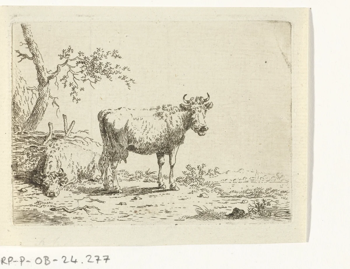 Liggende en staande koe by Anthony Oberman, print, 1796-1845
