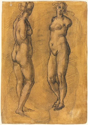 Copy of an Antique Statue of a Standing Woman (two views), over a Sketch of a Putto by Jacopo Chimenti, drawing, 1570-1579