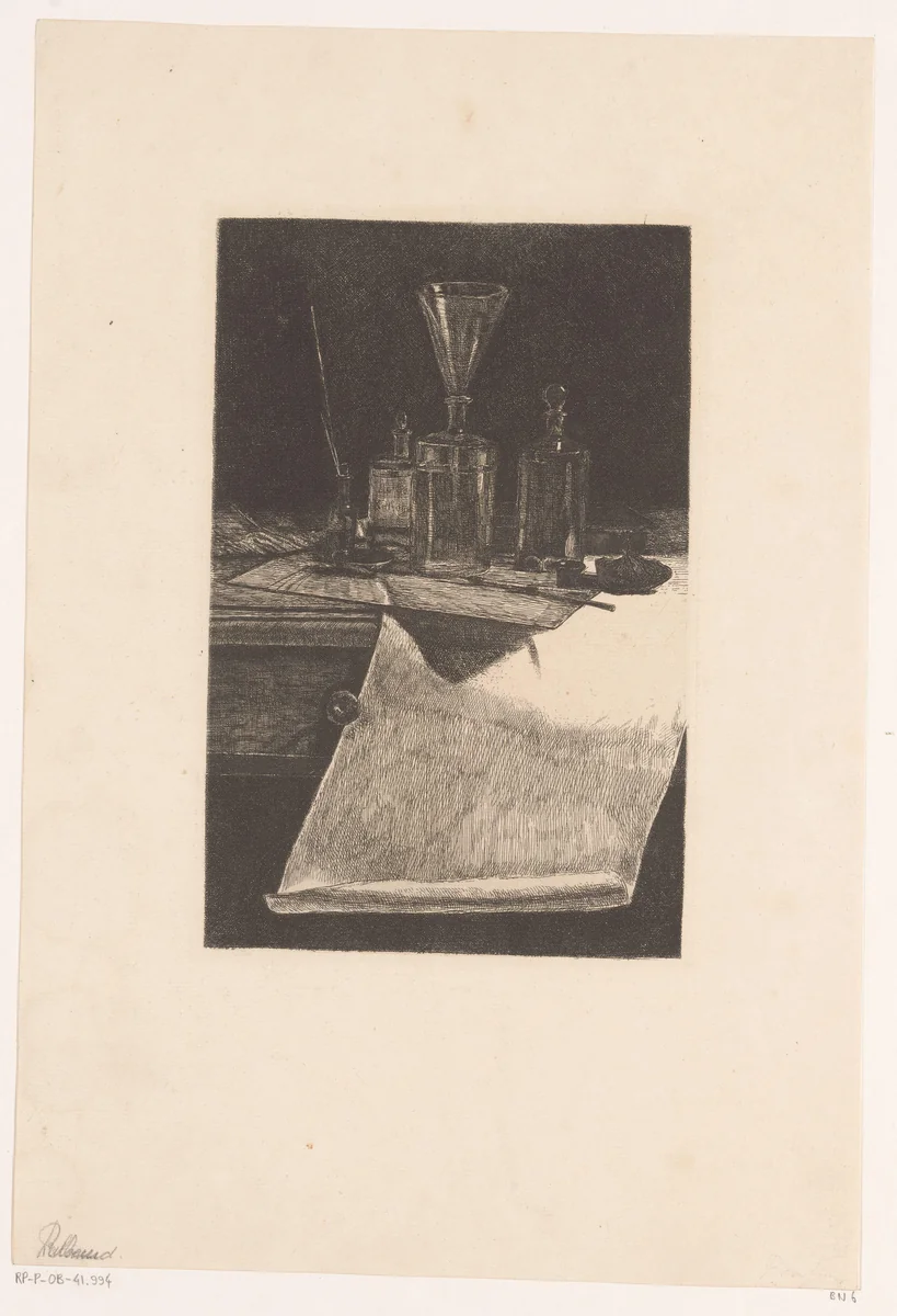 Stilleven met etsinstrumenten by François Bonvin, print, 1861