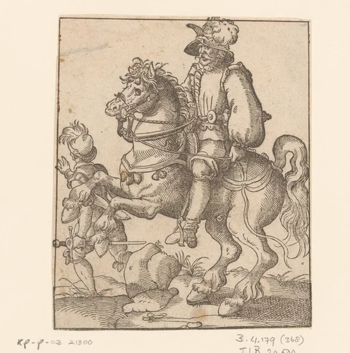 Ruiter en een weglopende man by anonymous, print, 1580