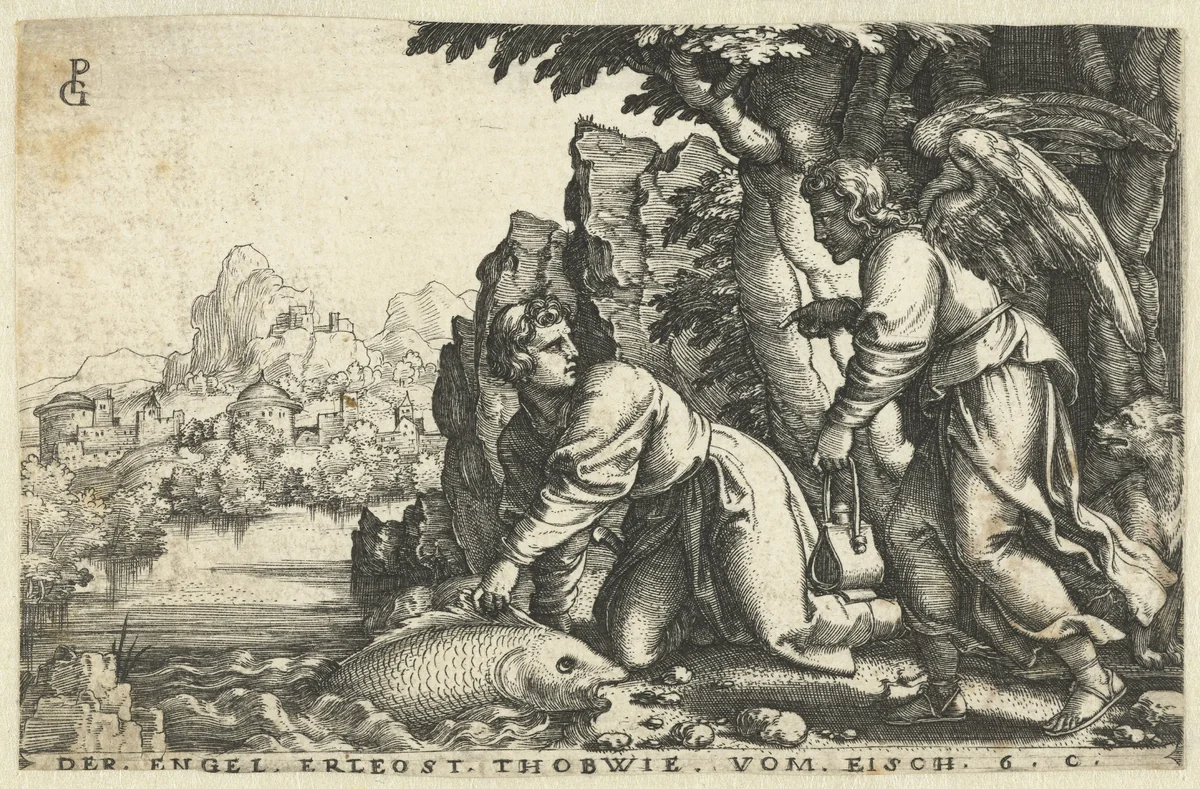 Tobias vangt op aanraden van de engel een grote vis by Unknown, print, 1543