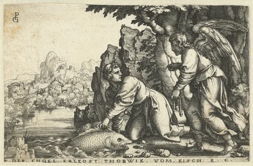 Tobias vangt op aanraden van de engel een grote vis by Unknown, print, 1543