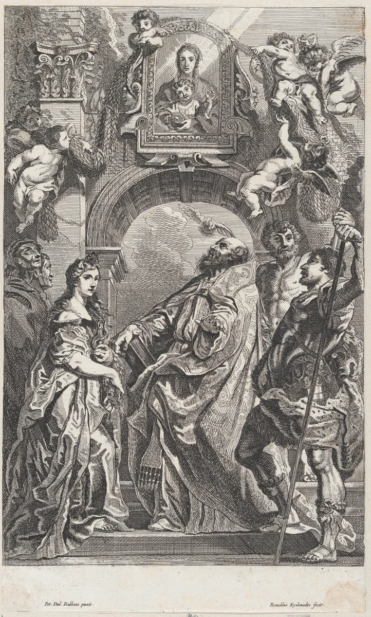 Saint Gregory and other saints in front of a gateway with a portrait of the Virgin, cherubs overhead by Rombout Eynhoudts, print, 1631-1680