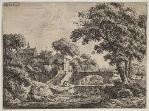 A Wooden and a Stone Bridge by Anthonie Waterloo, print, 1609-1690