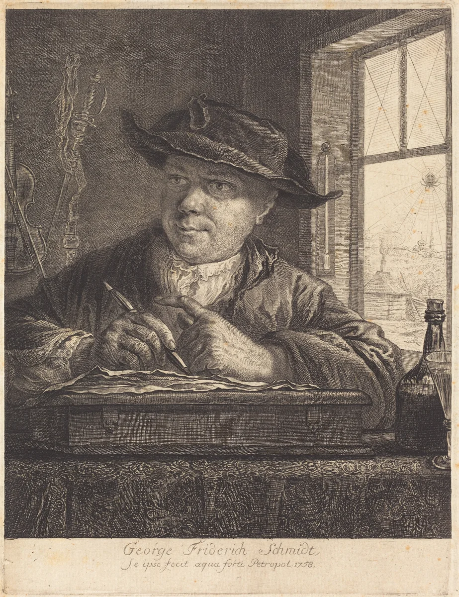 Self-Portrait with a Spider in the Window by Georg Friedrich Schmidt, print, 1758