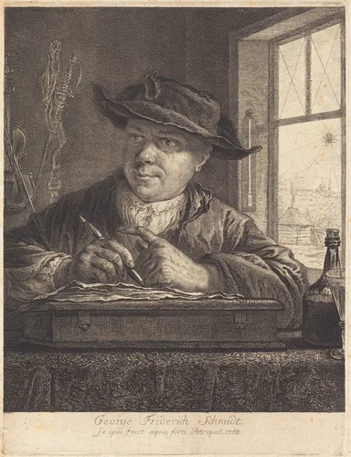 Self-Portrait with a Spider in the Window by Georg Friedrich Schmidt, print, 1758