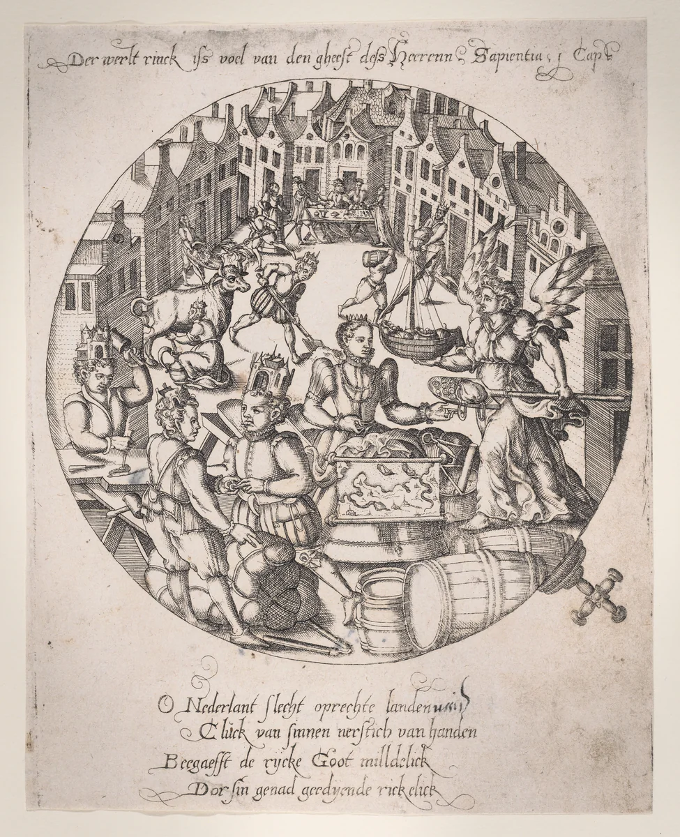 The world is full of the spirit of the Lord (Wisdom of Solomon 1:7), plate 1 from a series of Four Allegories of the Netherlands by anonymous, print, 1565-1577