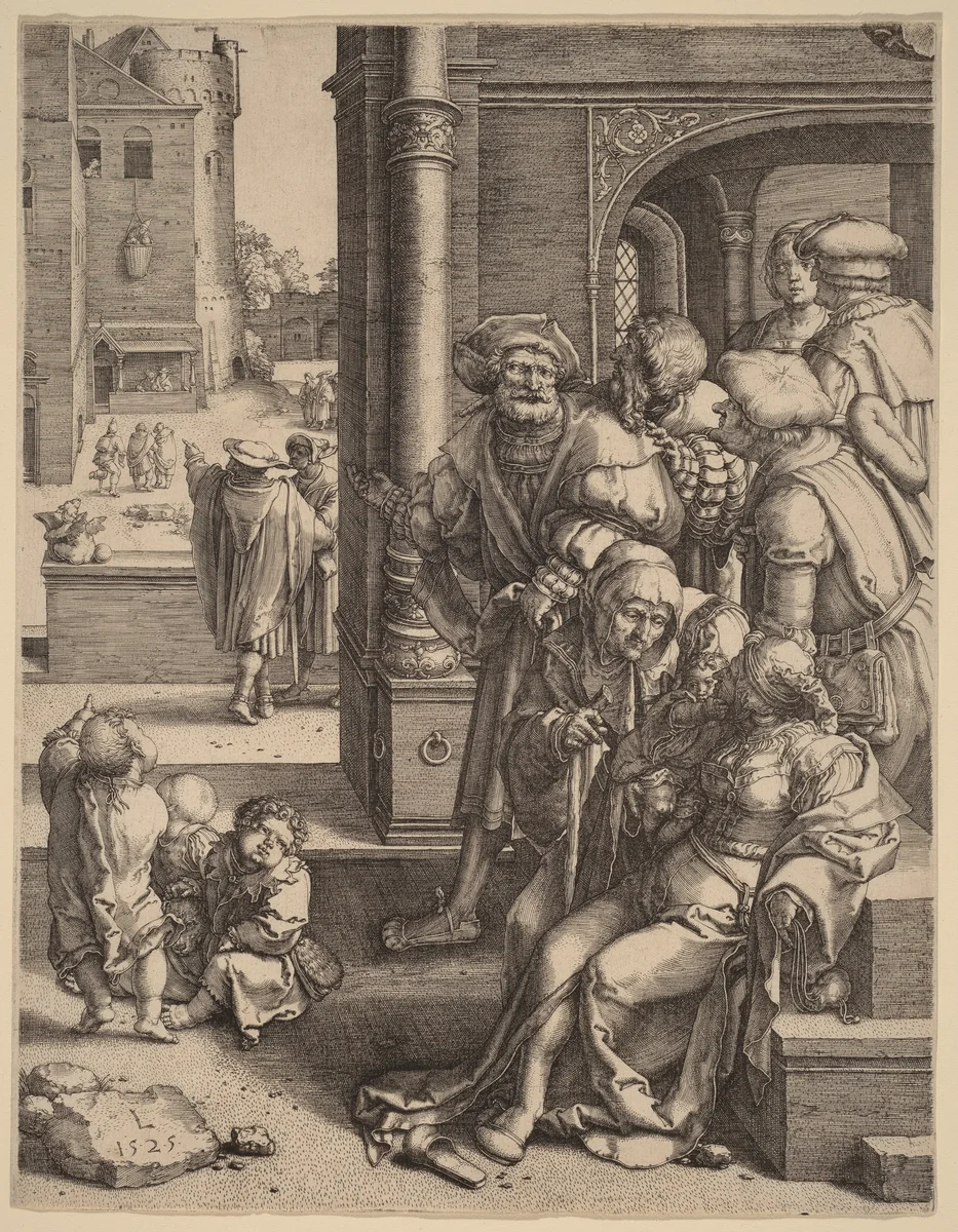 The Poet Virgil Suspended in a Basket by Lucas van Leyden, print, 1525