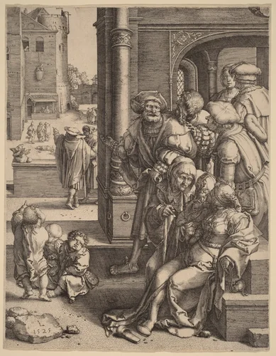 The Poet Virgil Suspended in a Basket by Lucas van Leyden, print, 1525