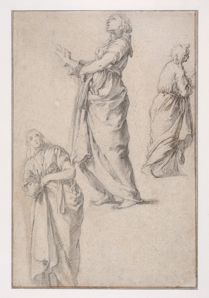 Three Studies of a Woman (recto); Woman from the Back, Study of Legs (verso) by Abraham Bloemaert, drawing, 1620-1625
